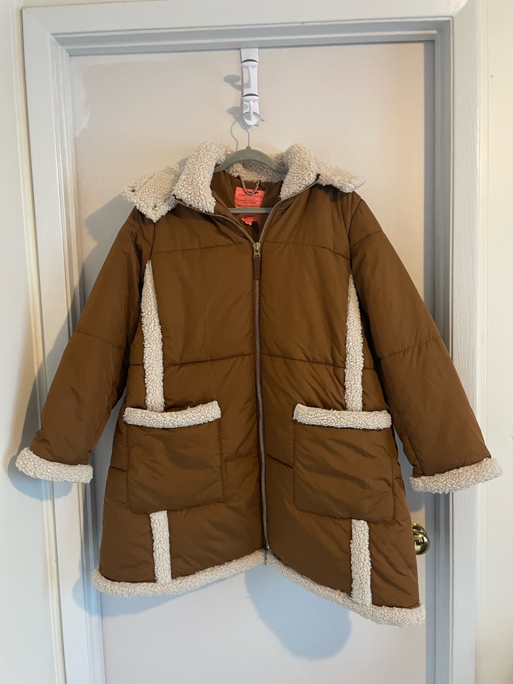 J.Crew Signature Puffer Coat 2X Caramel Brown Sherpa Trim Hooded PrimaLoft NWT